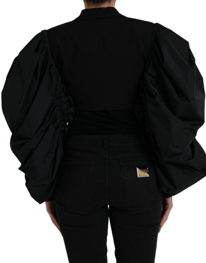 Black Polyester Puffed Sleeves Cropped Jacket