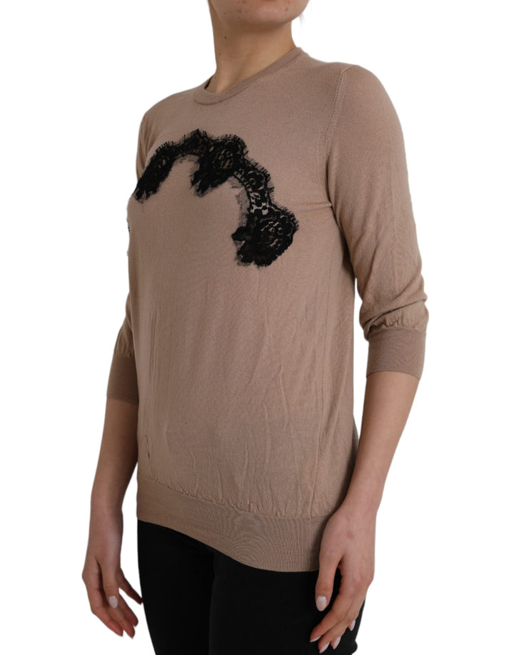 Brown Wool Black Lace 3/4 Sleeve Blouse Top