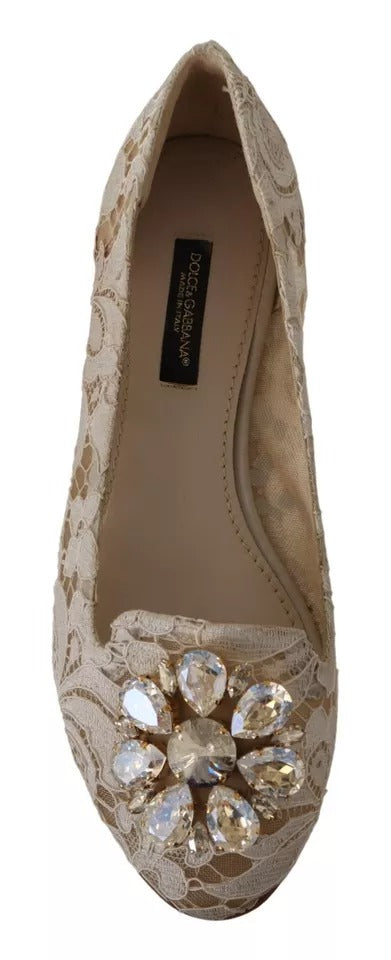 Beige Lace Crystal Ballet Flats Loafers Shoes