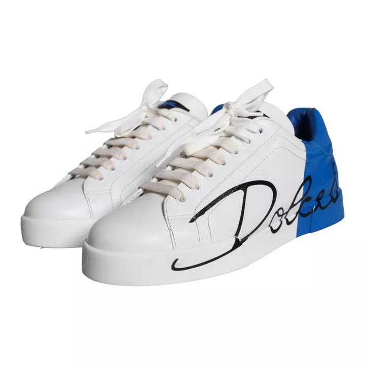 White Blue Leather Logo Low Top Sneakers Men Shoes