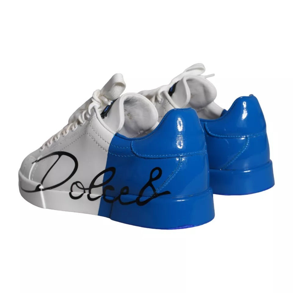 White Blue Leather Logo Low Top Sneakers Men Shoes