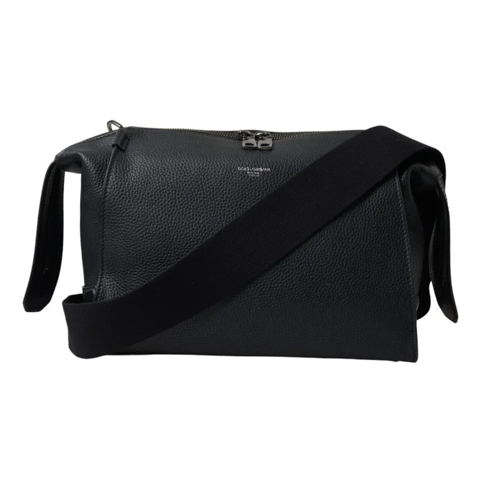 Black Pebbled Leather Edge Shoulder Strap Men Bag