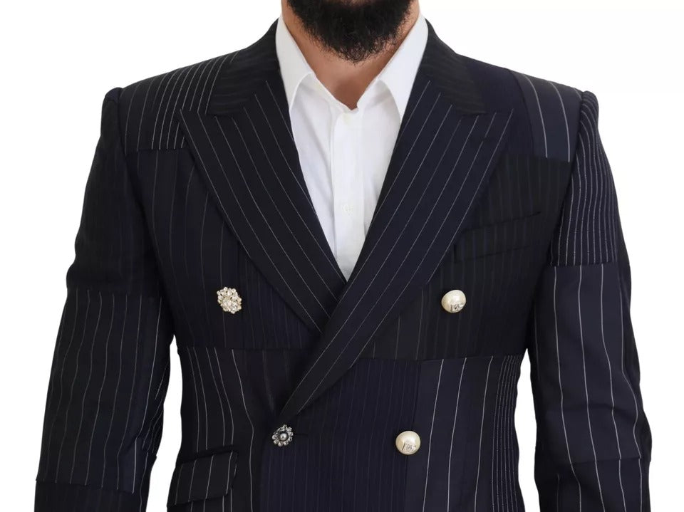 Blue Wool Patchwork Double Breasted Blazer