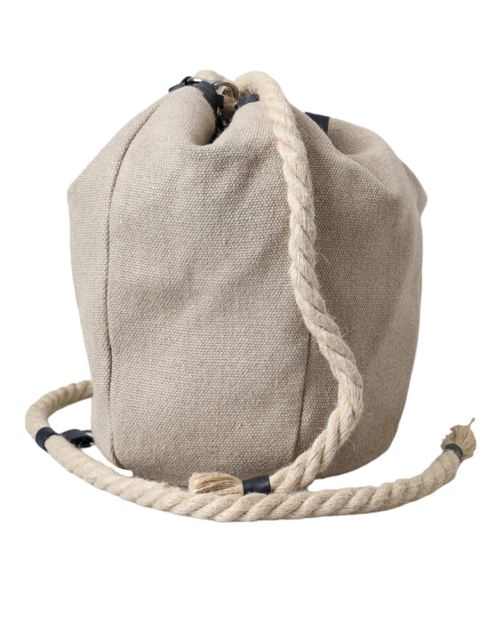 Beige Canvas Fabric Bucket Sack Pouch Purse Bag