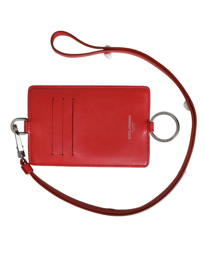 Red Calfskin Leather Lanyard Logo Card Holder Wallet