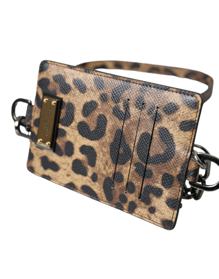 Brown Leather Leopard Print Logo Plaque Cardholder Wallet