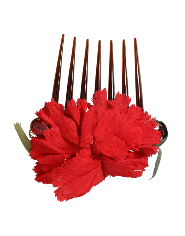 Red Silk Floral Gold Brass Women Hair Comb