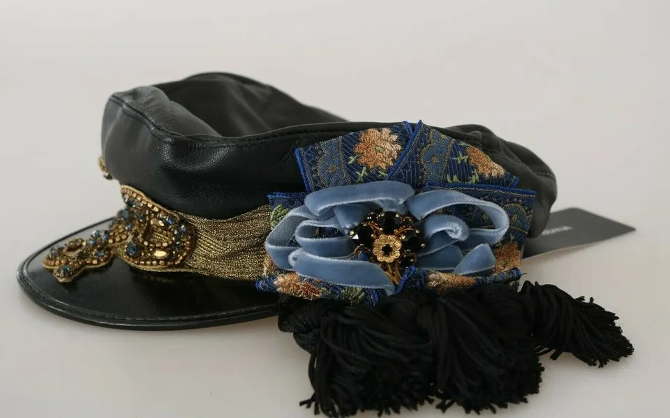 Black Leather Crystal Beads Gold Ribbon Fiddler Cap