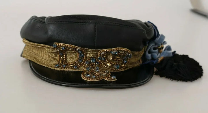 Black Leather Crystal Beads Gold Ribbon Fiddler Cap