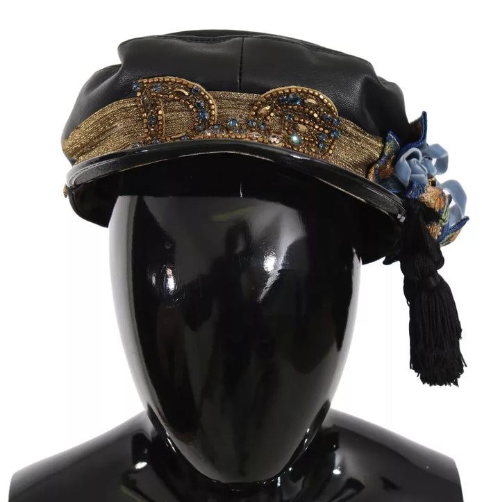 Black Leather Crystal Beads Gold Ribbon Fiddler Cap