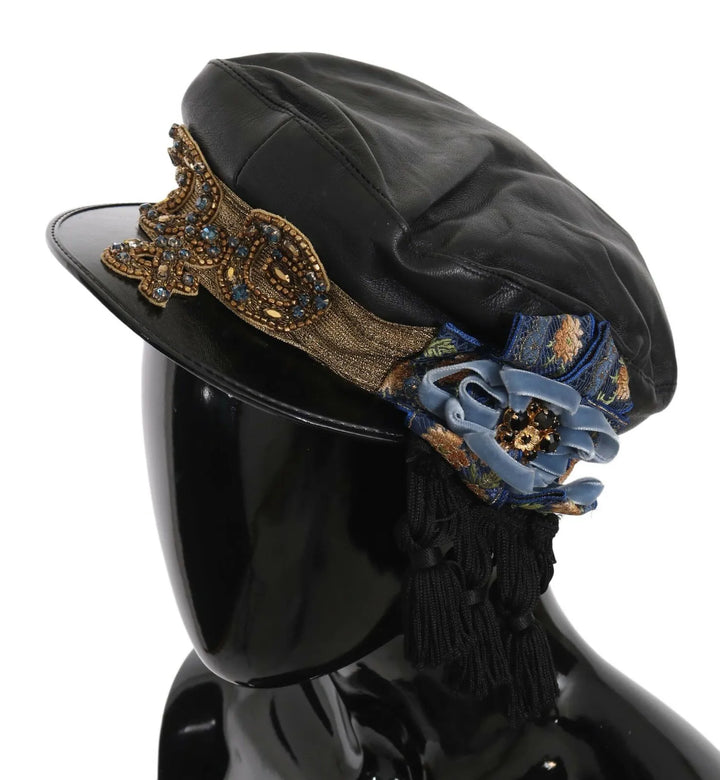 Black Leather Crystal Beads Gold Ribbon Fiddler Cap