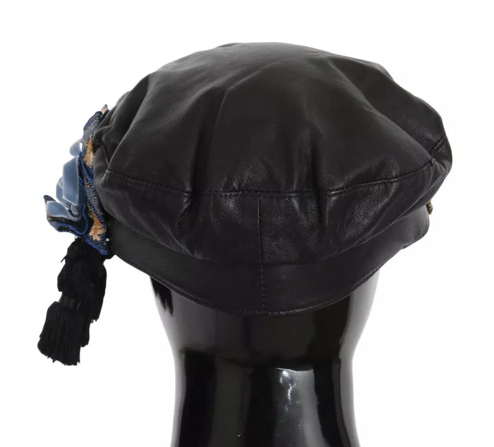 Black Leather Crystal Beads Gold Ribbon Fiddler Cap