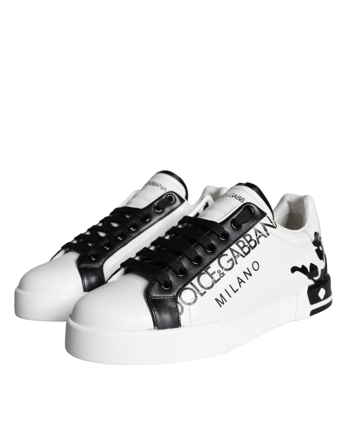 White Black Leather Crown Milano Sneakers Shoes