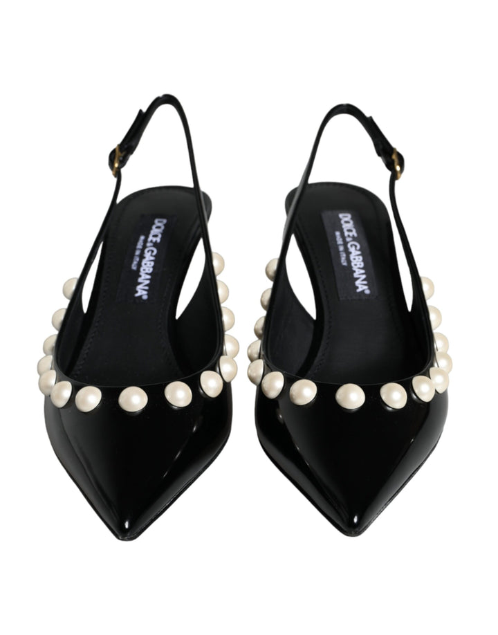 Black Leather Faux Pearl Heel Slingback Shoes