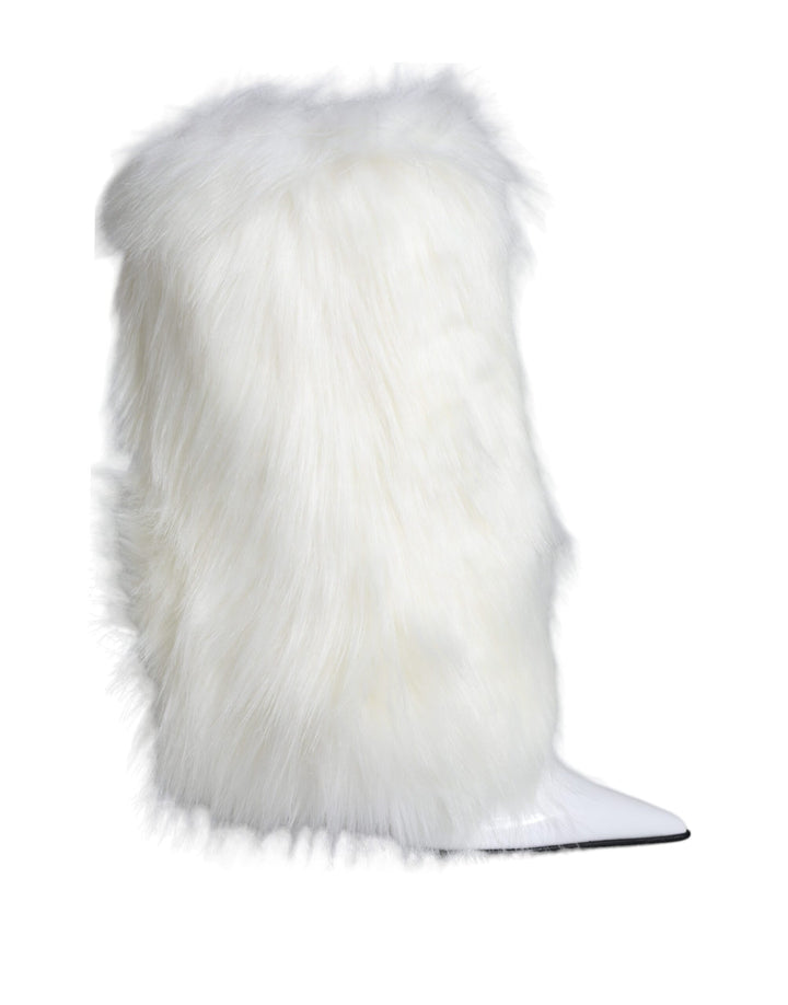 White Fur Leather Heels Mid Calf Boots Shoes