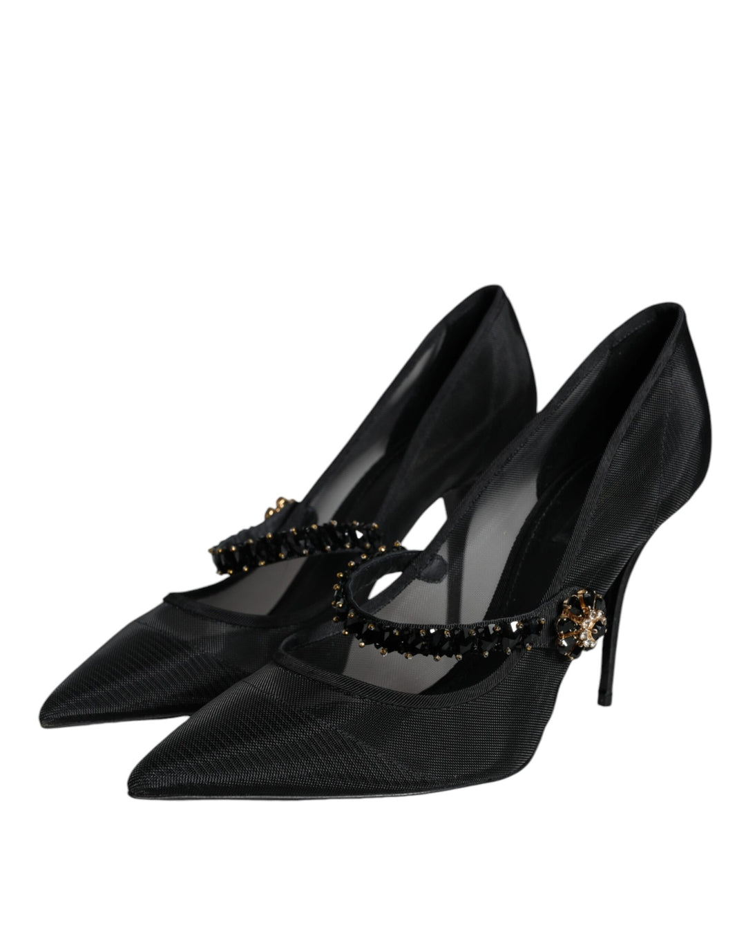 Black Mesh Mary Jane Crystal Heel Pumps Shoes