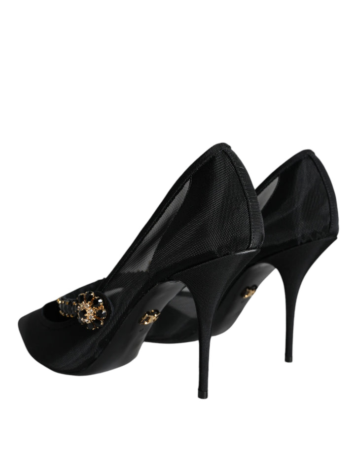 Black Mesh Mary Jane Crystal Heel Pumps Shoes