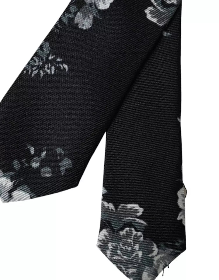 Black Floral Print Silk Adjustable Men Tie