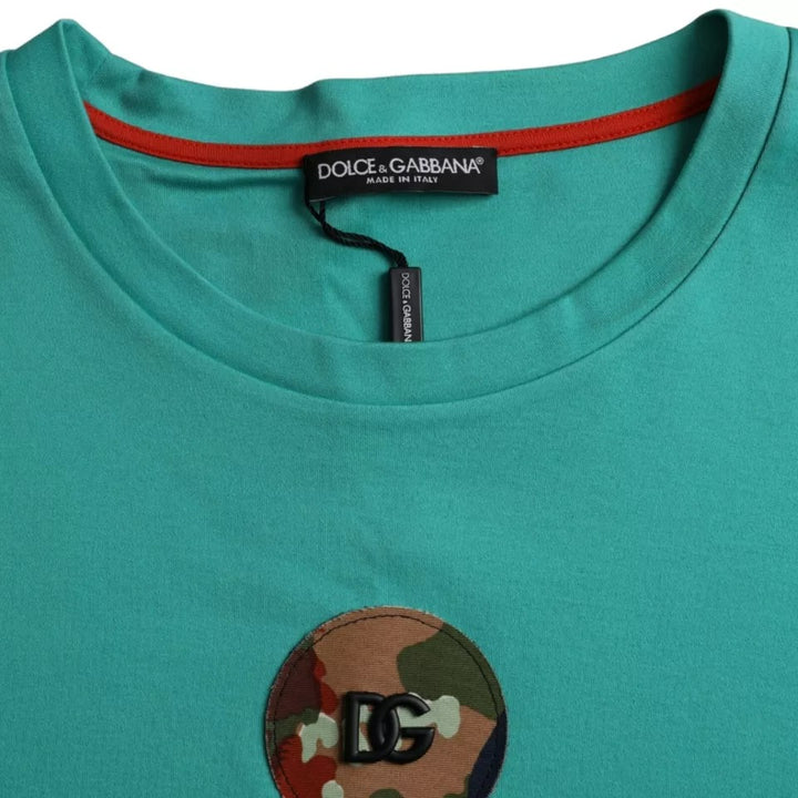 Green Logo Patch Round Neck Cotton  T-shirt