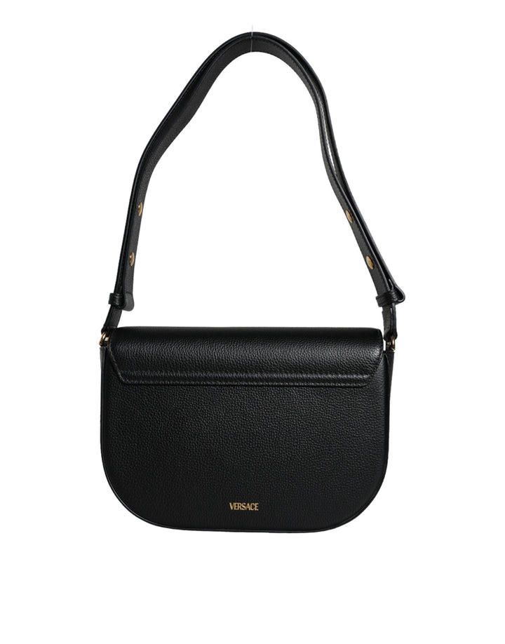 Black Grainy Calf Leather Logo Crossbody Shoulder Bag