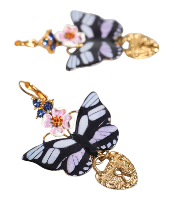 Gold Purple Crystal Butterfly Heart Locket Earrings