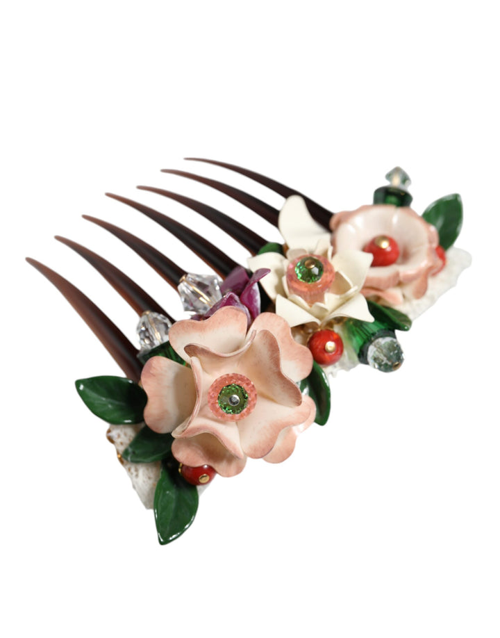 Brown Plastic Crystal Floral Women Hair Comb