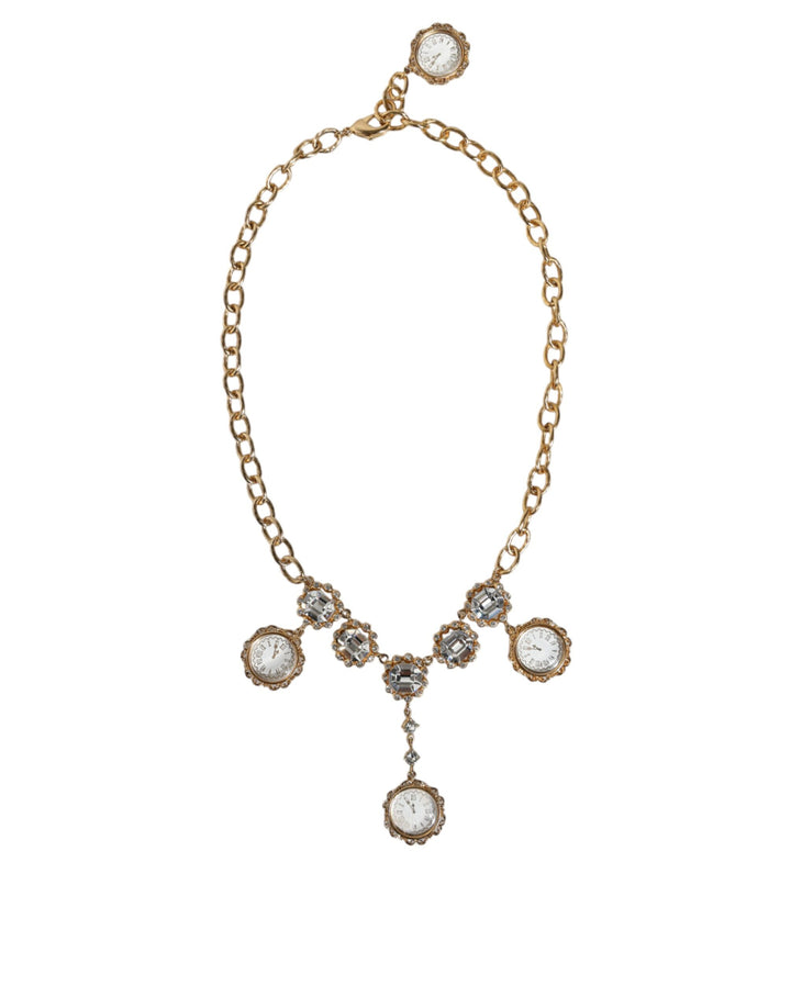 Gold Chain Brass Crystal Clock Statement Necklace