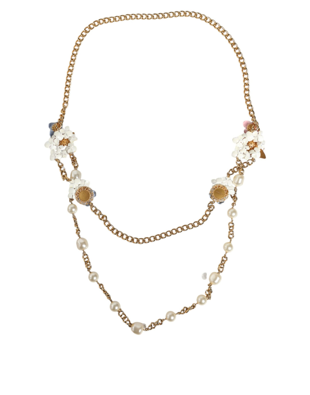 Gold Chain Brass Floral Layered Crystal Pearl Necklace