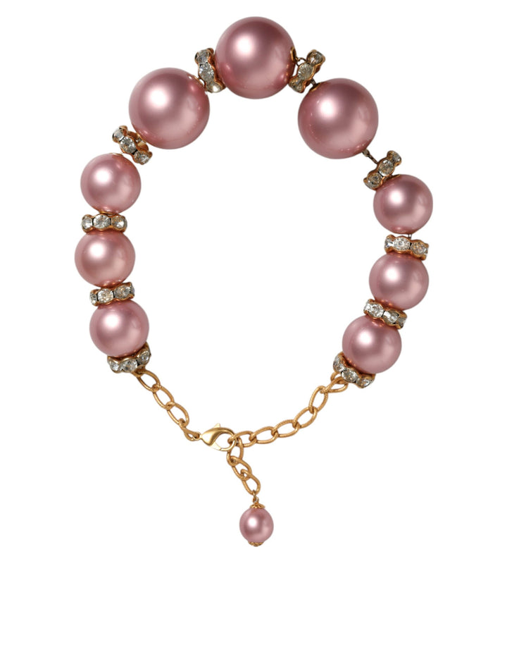 Pink Maxi Faux Pearl Beads Crystals Gold Chain Necklace