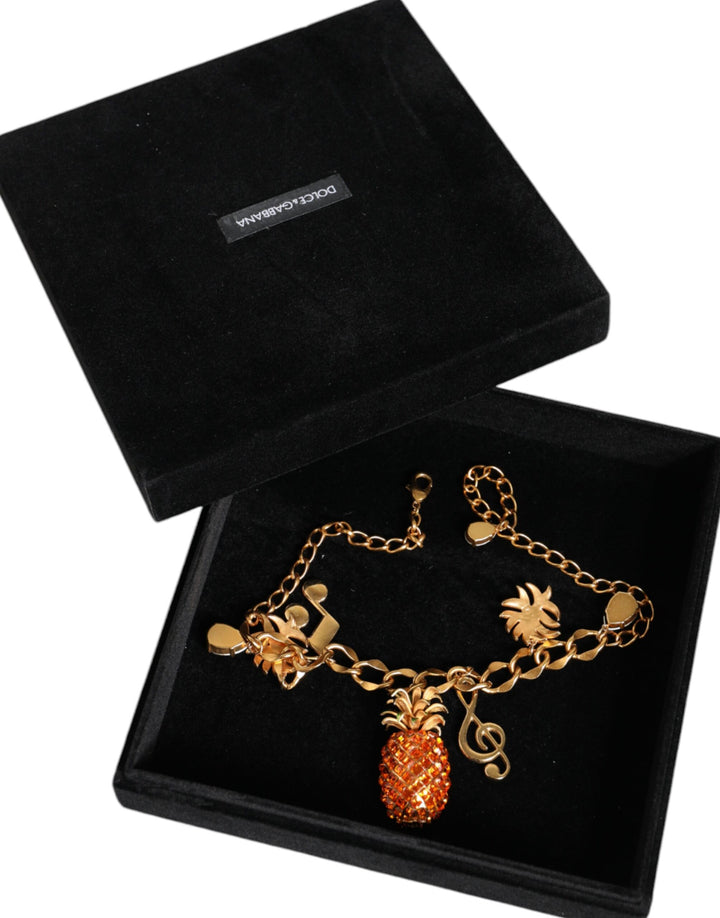 Gold Tone Brass Chain Pineapple Crystal Musical Necklace