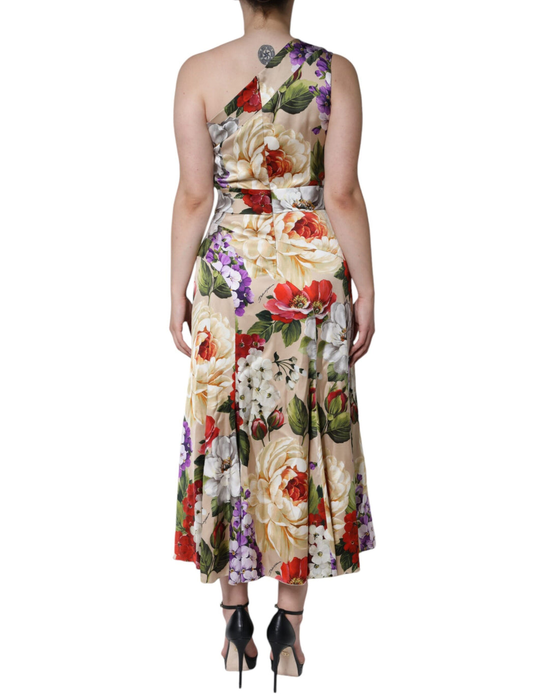 Multicolor Floral Silk Stretch One Shoulder Dress