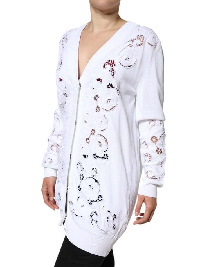 White Viscose Floral Cut Out Cardigan Sweater