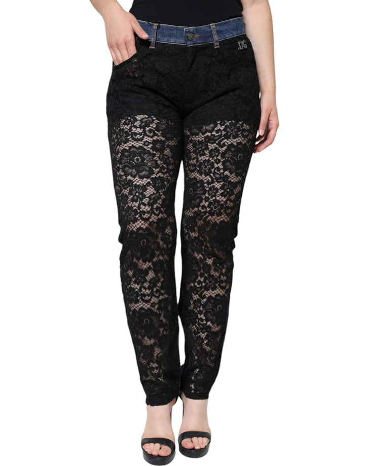 Black Floral Lace Front Skinny Denim Jeans