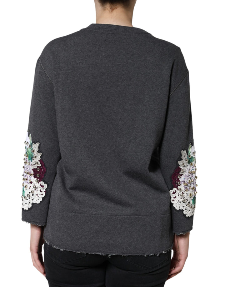 Gray Hydrangea CollegeStudded Floral Sweater