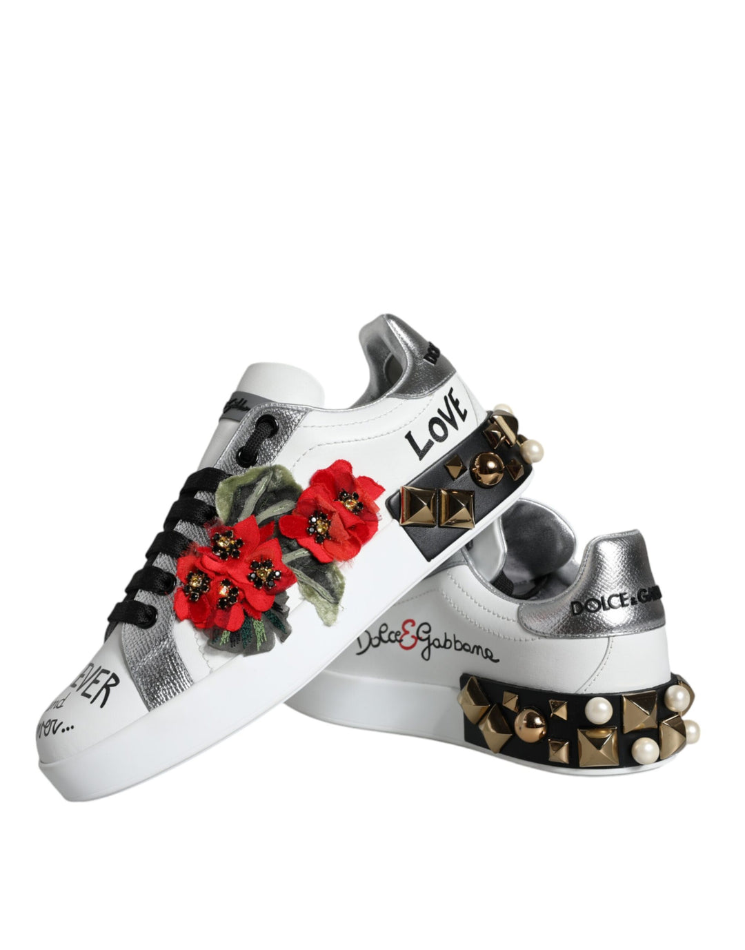 White Leather Floral Studded Sneakers Shoes