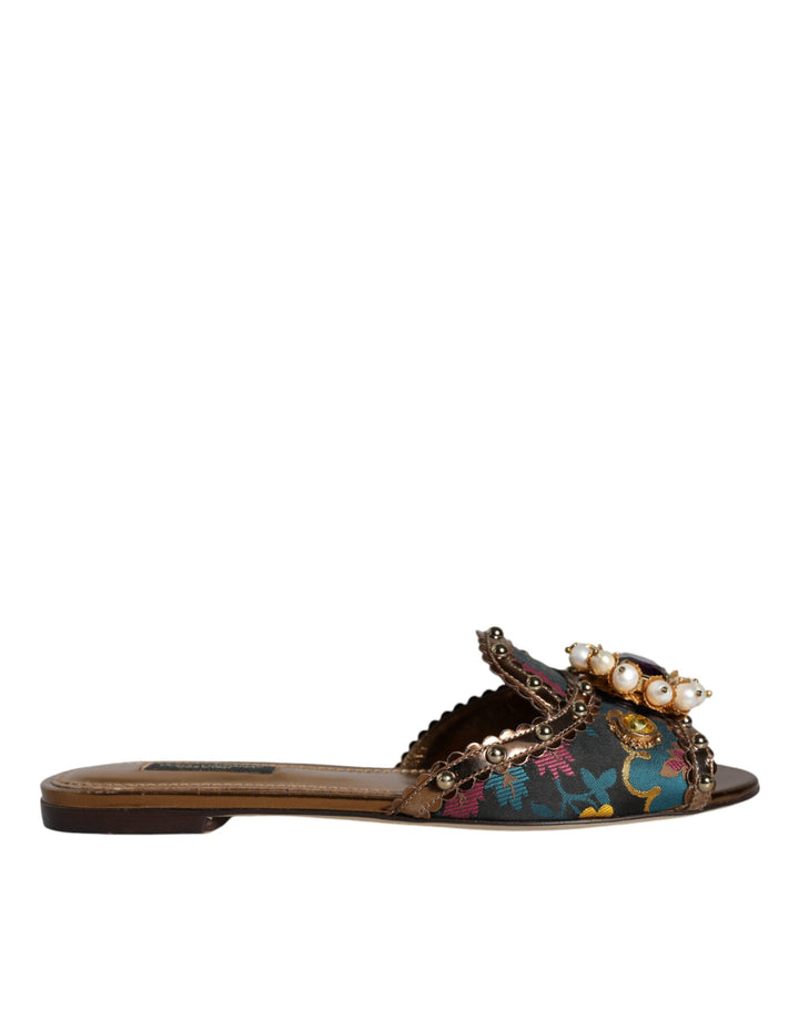 Multicolor Jacquard Embellished Slides Flats Shoes