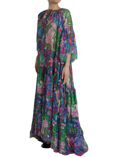 Multicolor Floral Silk Kaftan Maxi Dress
