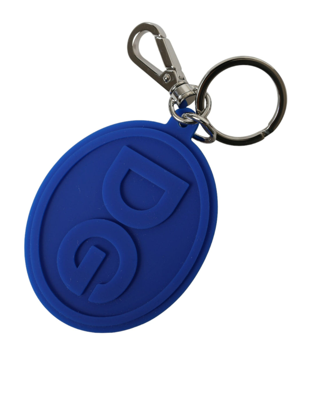 Dolce & Gabbana Blue Rubber DG Logo Silver Brass Metal Keyring Keychain