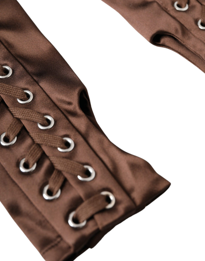 Brown Acetate Lace Up Fingerless Gloves