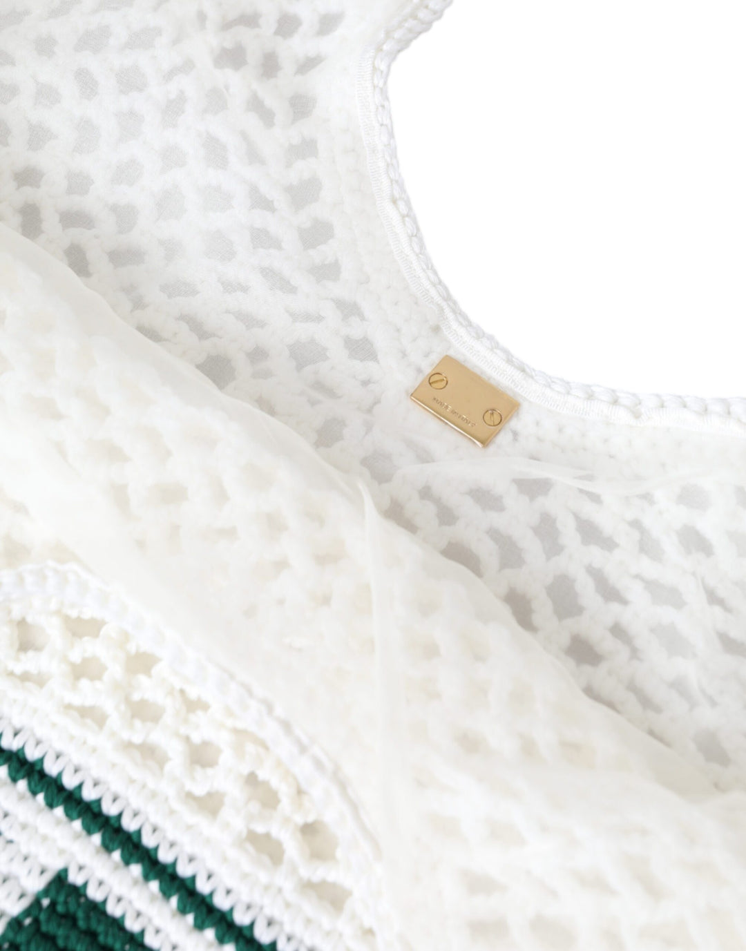 White Green Knitted Cotton Logo Shopping Tote Bag