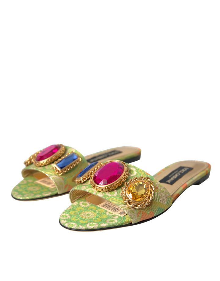 Dolce & Gabbana Green Crystal Jacquard Flats Sandals Shoes