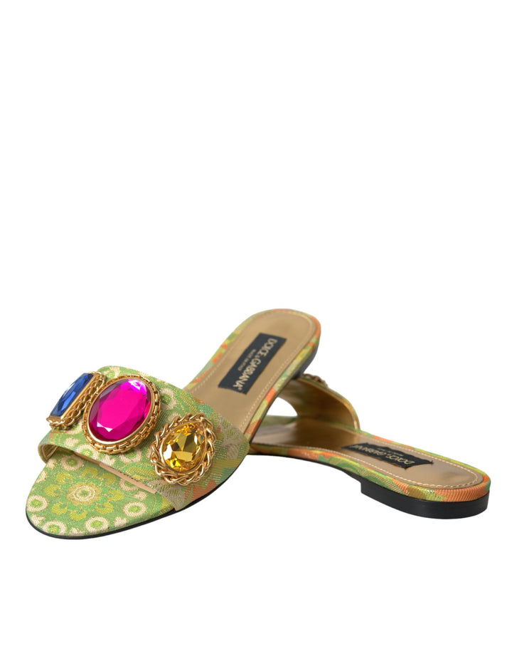 Dolce & Gabbana Green Crystal Jacquard Flats Sandals Shoes