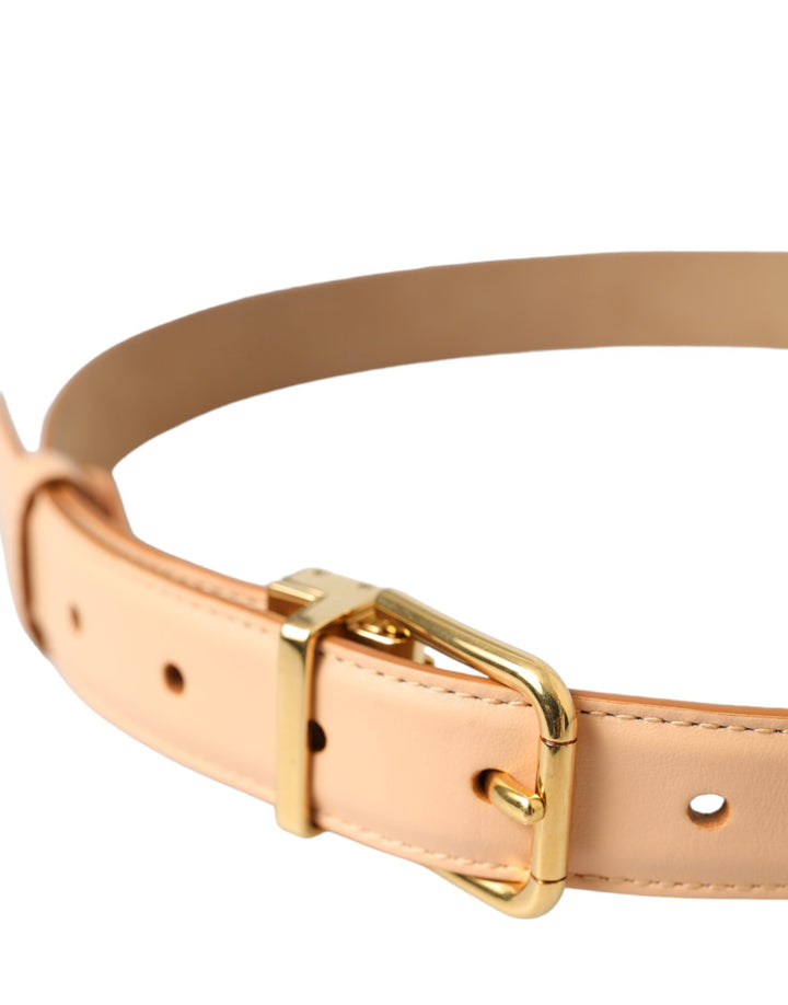 Beige Calfskin Leather Gold Metal Buckle Belt