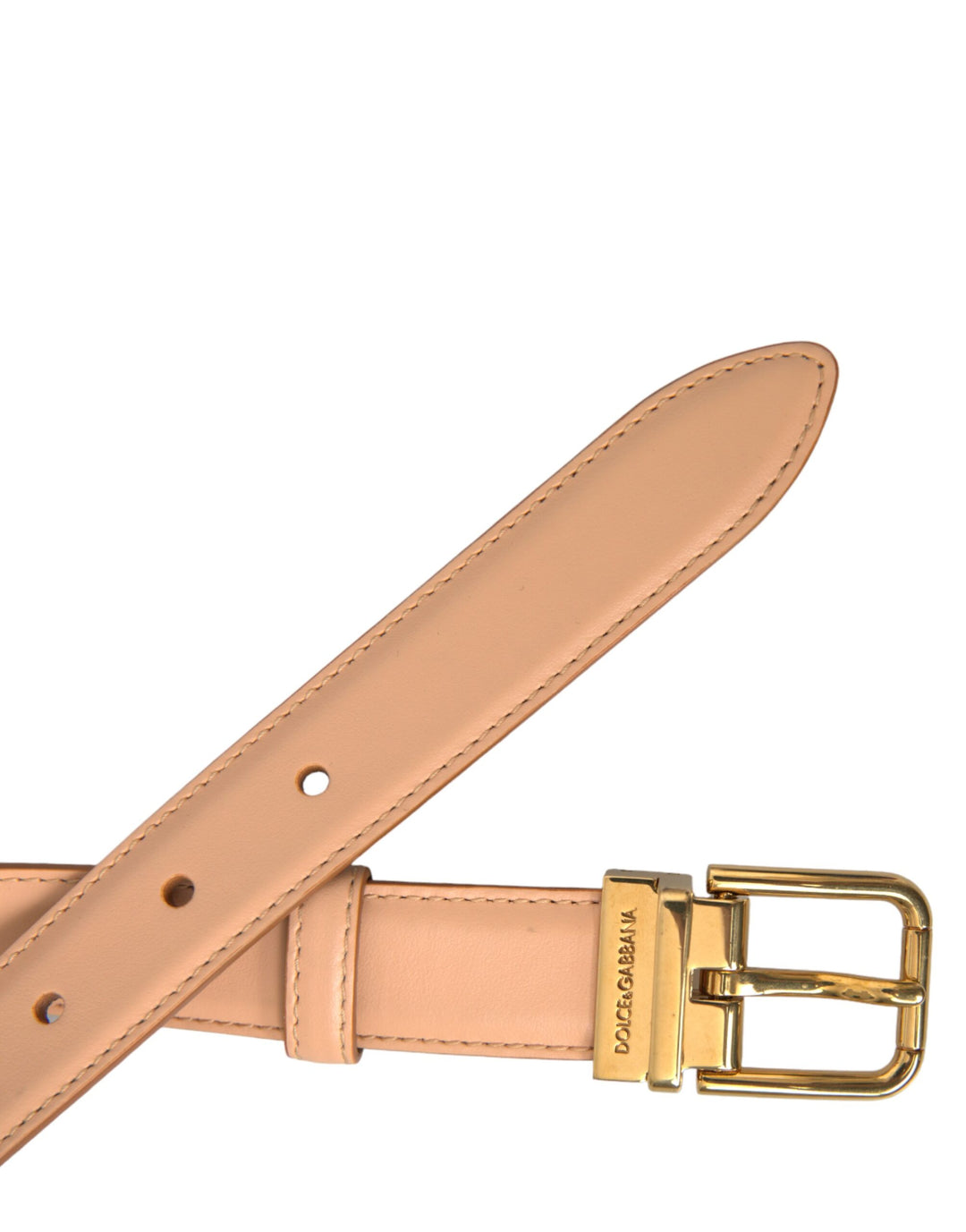 Beige Calfskin Leather Gold Metal Buckle Belt