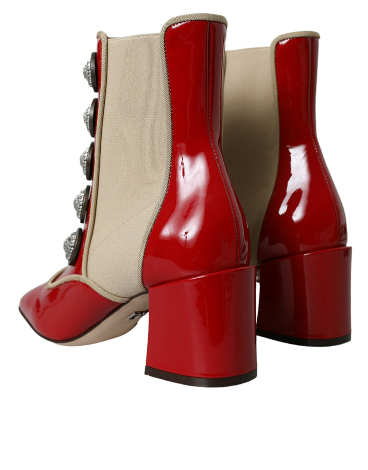 Dolce & Gabbana Red Beige Leather Embellished Mid Calf Boots Shoes