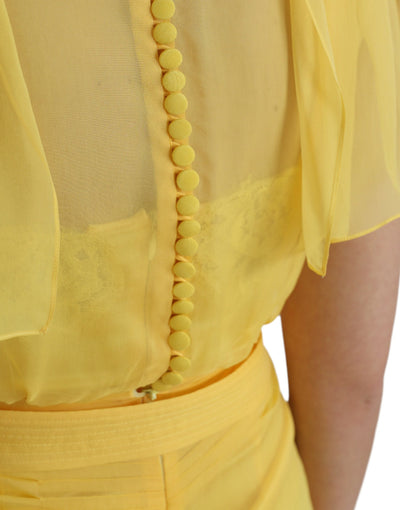 Yellow Silk Sheath Belted Long Maxi Dress