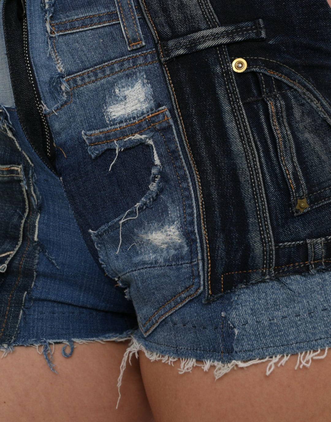 Blue Patchwork Cotton Denim Hot Pants Short