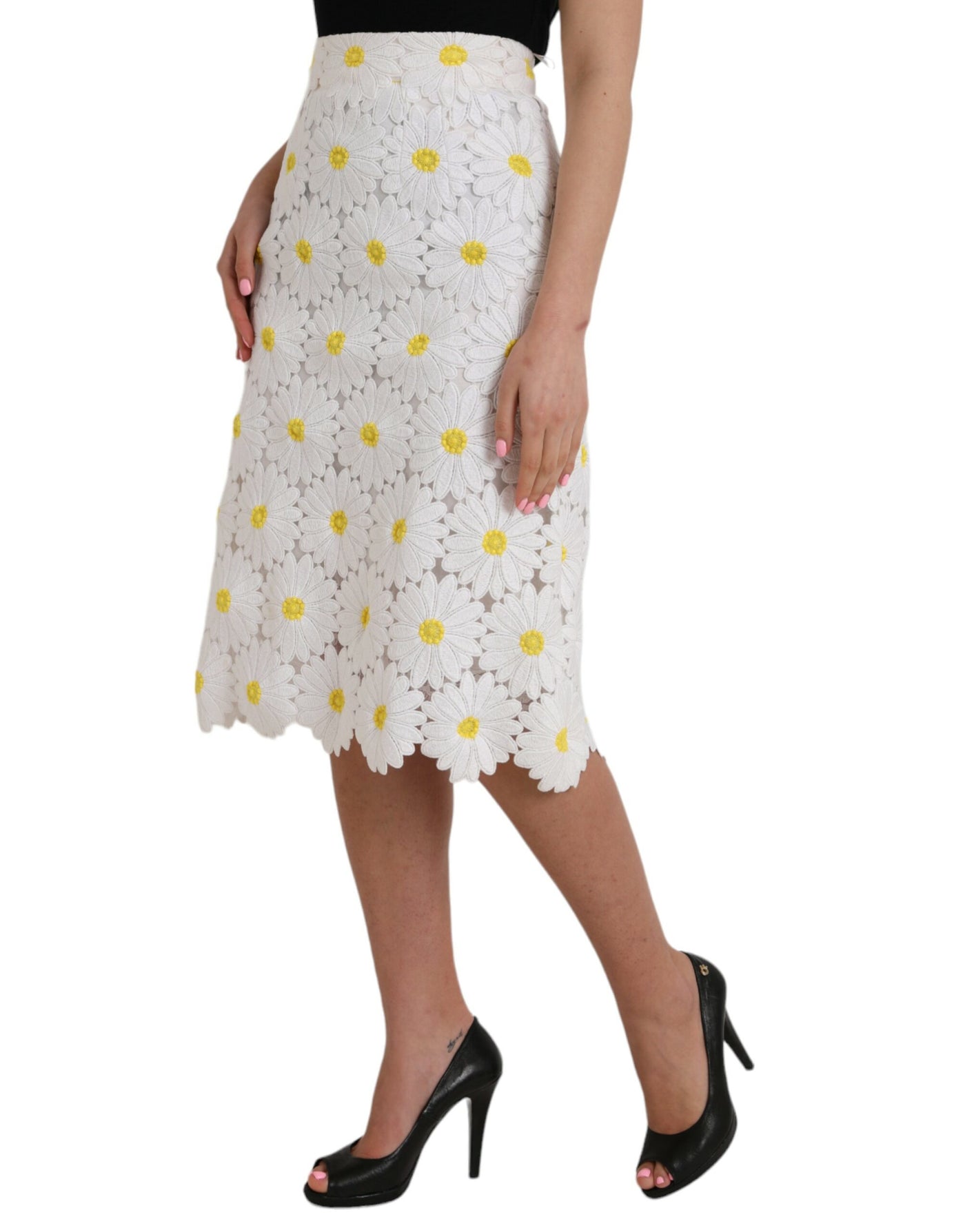 White Floral Pencil Straight Lace Skirt