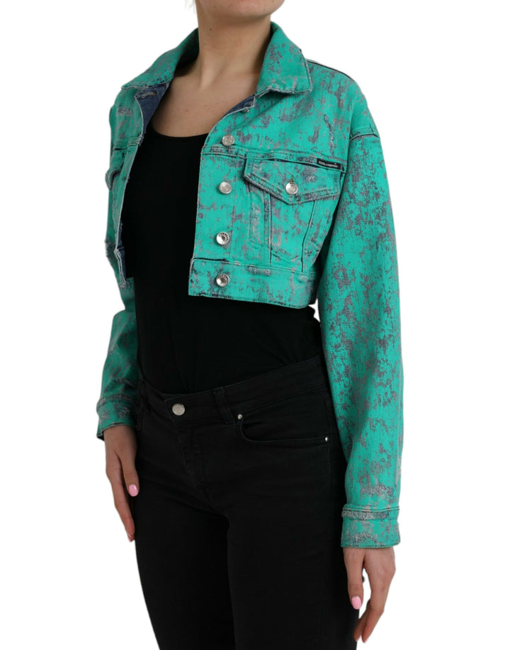 Green Cotton Tie Dye Cropped Cropped Denim Jacket