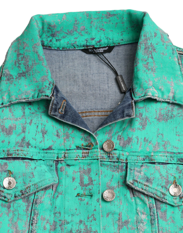 Green Cotton Tie Dye Cropped Cropped Denim Jacket